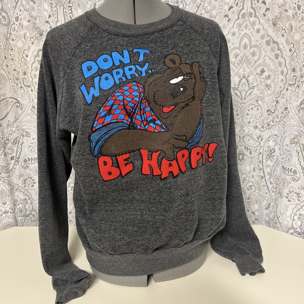 Vintage 1980's Grey Don't Worry Be Happy Bear Funny Crewneck Sweatshirt Size XL